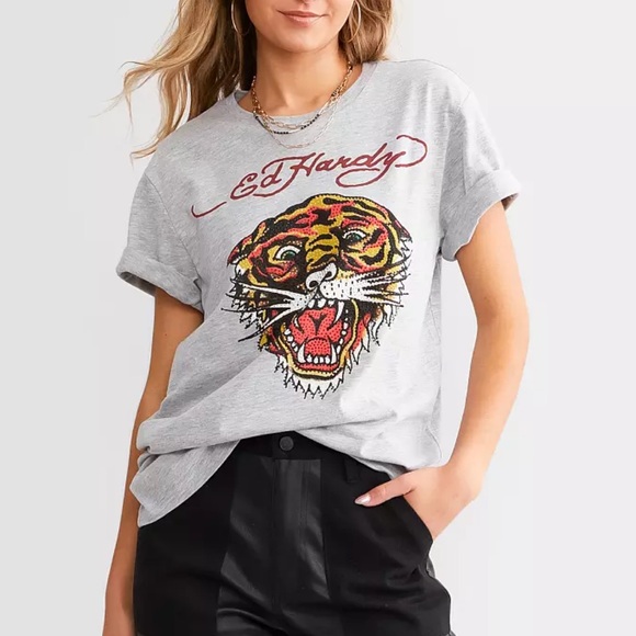 NEW🐯Ed Hardy RetroRHINESTONE TIGER TEE By Christian Audigier grey Unisex - Picture 6 of 7